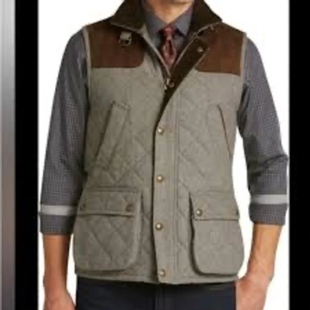 JOS A BANK Vest Quilted Herringbone Tweed Suede Trim Tailored Fit Size‎ L